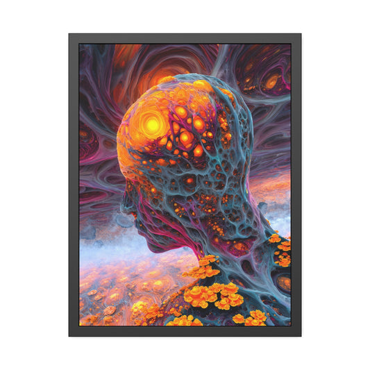 The Mind Becomes a Sun framed fine art print, 24 × 32 in with a glowing golden head amid flowing blue and violet forms