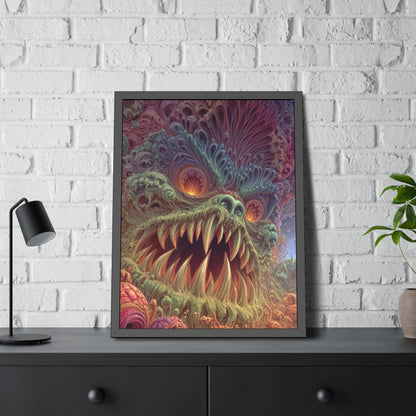 Where Fear Becomes a Passage — Framed Fine Art Print, 24 × 32 in — fanged creature with glowing eyes amid sage and mauve organic forms