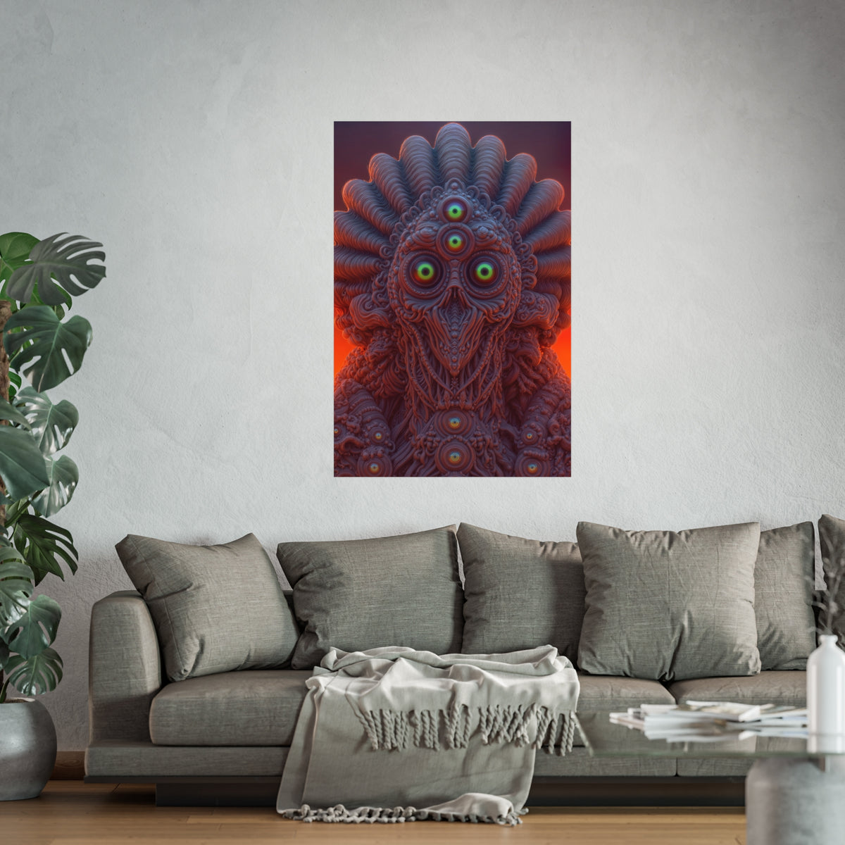 Where Every Gaze Becomes a Center — Large Matte Poster, 32 × 48 in — many-eyed figure with a rippling crown against an orange sky