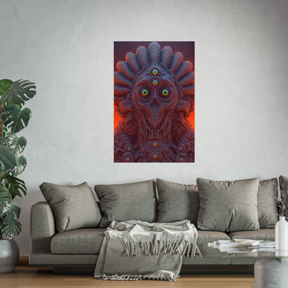 Where Every Gaze Becomes a Center — Large Matte Poster, 32 × 48 in — many-eyed figure with a rippling crown against an orange sky