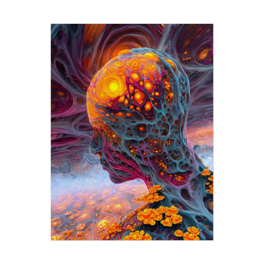 The Mind Becomes a Sun rolled art print, 18 × 24 in with a glowing golden head amid flowing blue and violet forms