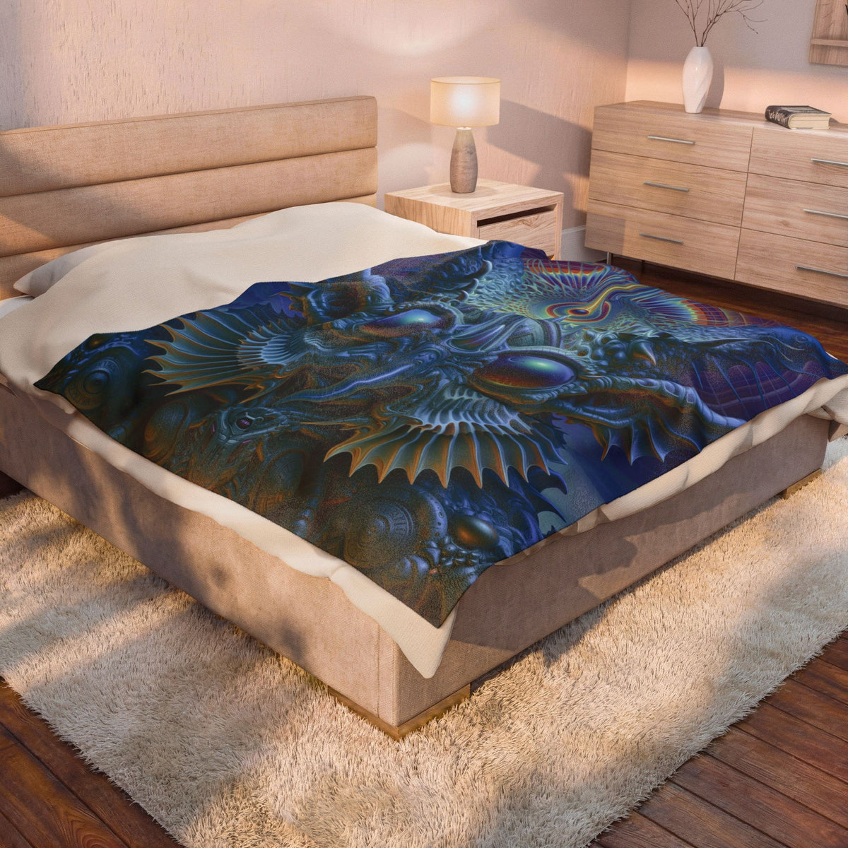 The Threshold That Refines — Velveteen Plush Blanket, 60 × 80 in — a symmetrical blue guardian with reflective eyes, pointed horns and intricate geometry
