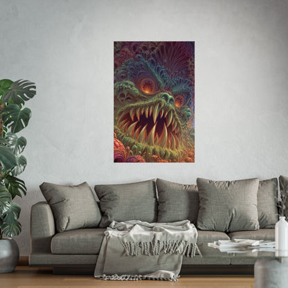 Where Fear Becomes a Passage — Large Matte Poster, 32 × 48 in — fanged creature with glowing eyes amid sage and mauve organic forms