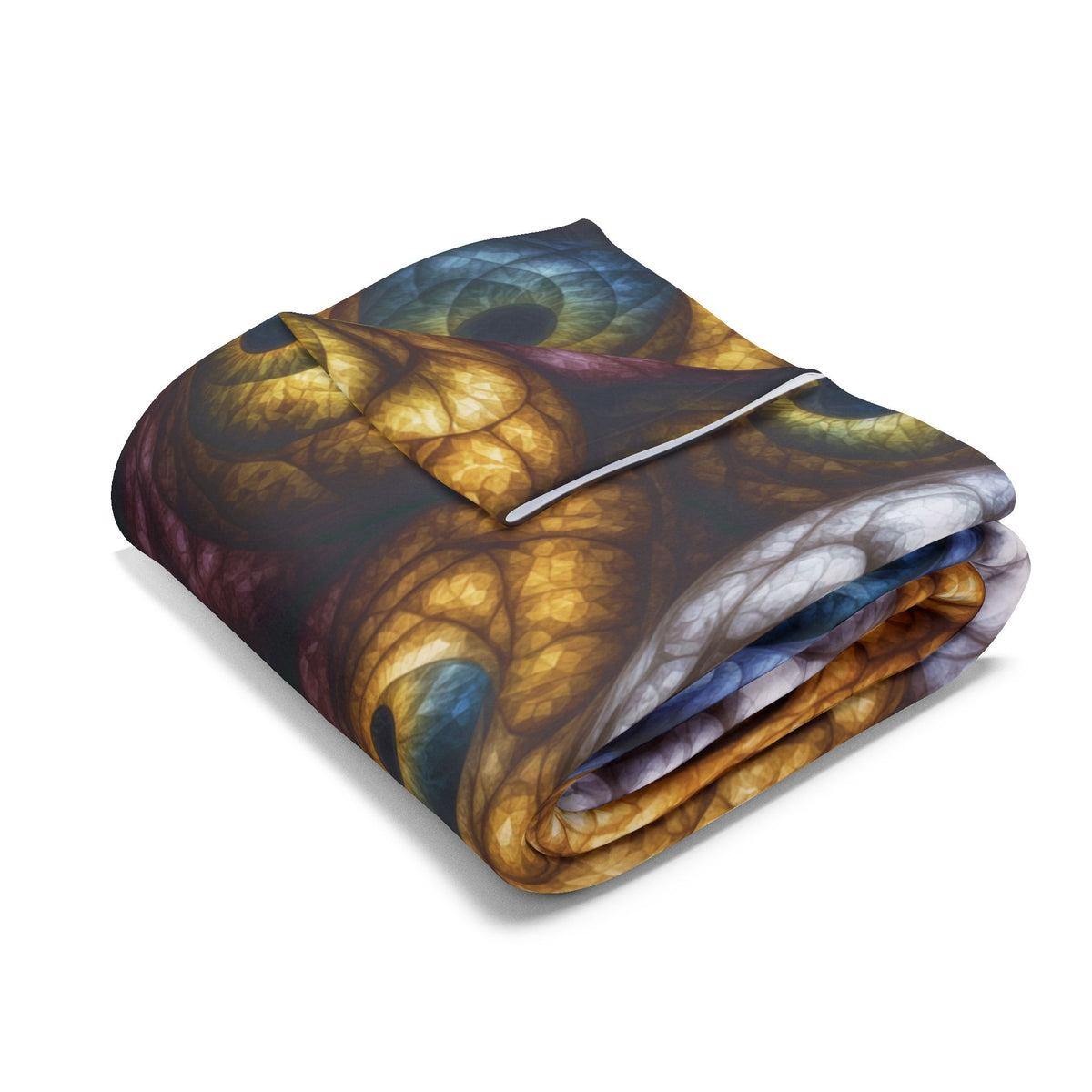 The Many Eyes of One Awareness — Arctic Fleece Blanket, 60 × 80 in — interwoven blue and gold eyes in ivory, ochre and mauve forms