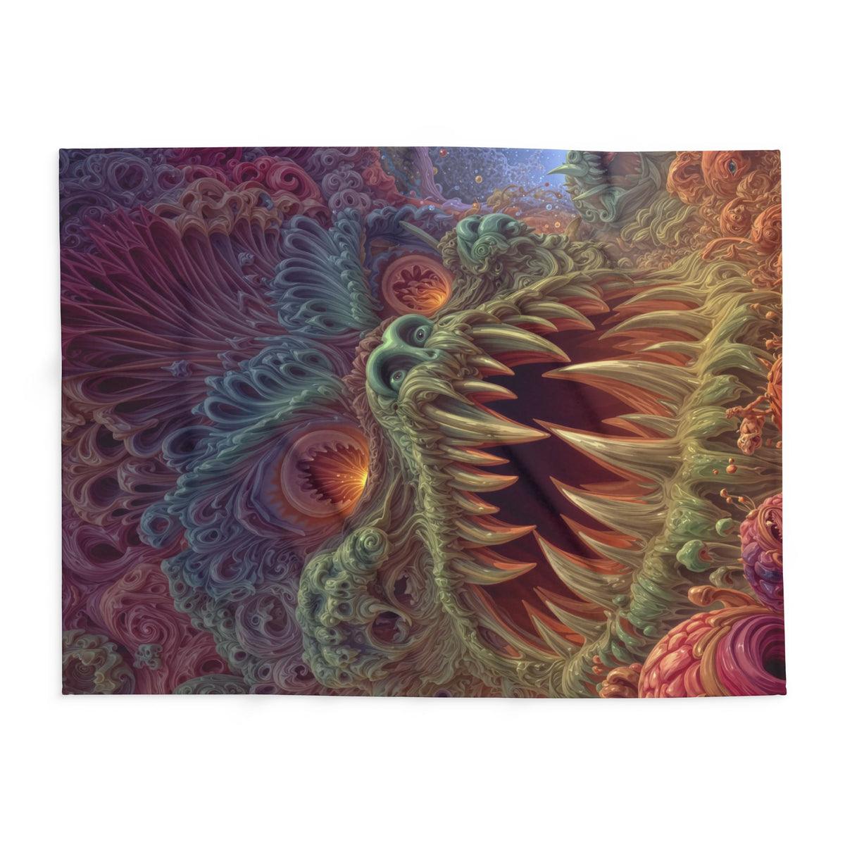 Where Fear Becomes a Passage — Arctic Fleece Blanket, 60 × 80 in — fanged creature with glowing eyes amid sage and mauve organic forms