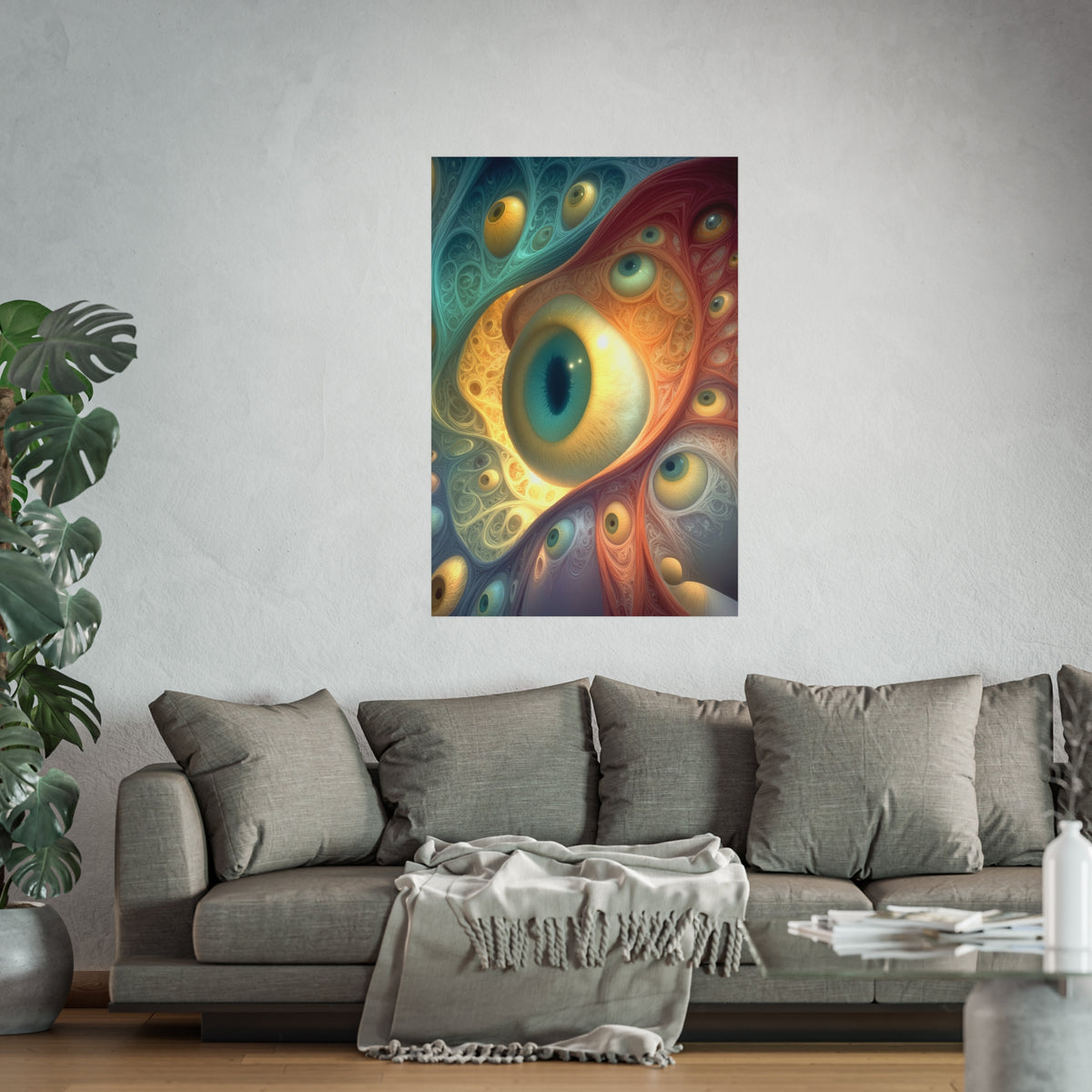 A Chorus of Seeing 32 × 48 inch large matte poster with luminous eyes and flowing blue, red and gold forms