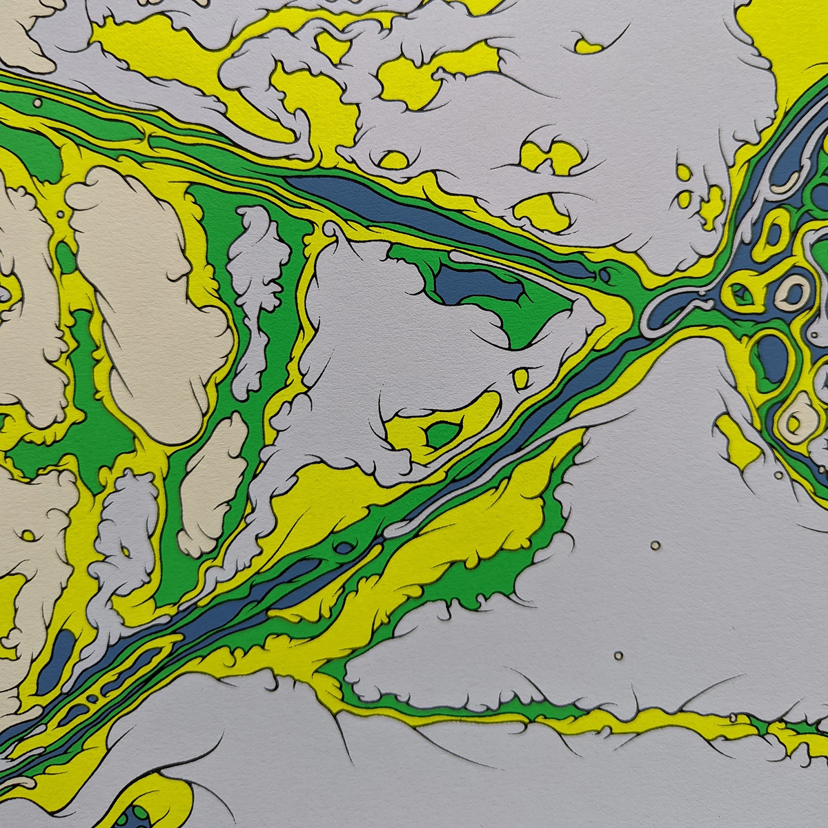 Detail of Capricious Tumescence: yellow, green and blue screen-print ink on textured cotton rag paper