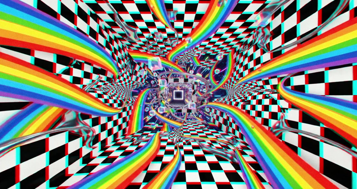 Rainbow pathways and a checkered tunnel opening into a psychedelic world
